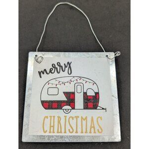 Merry Christmas Camper Trailer Ornament Galvanized Style Metal  Hanger Tag 4"